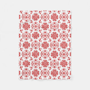 Red and White Floral Damask Style Pattern Fleece Blanket