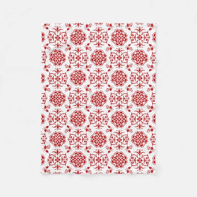 Red and White Floral Damask Style Pattern Fleece Blanket (Front)