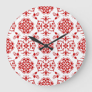 Red and White Floral Damask Style Pattern Large Clock