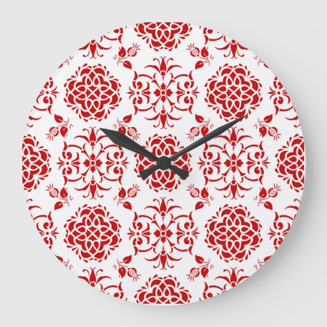 Red and White Floral Damask Style Pattern Large Clock (Front)