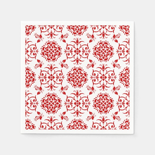 Red and White Floral Damask Style Pattern Napkin (Front)