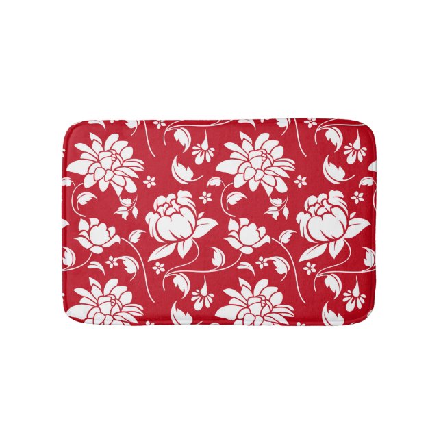 Red And White Floral Damasks Pattern Bath Mat (Front)