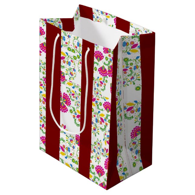 Red and white floral design medium gift bag (Front Angled)