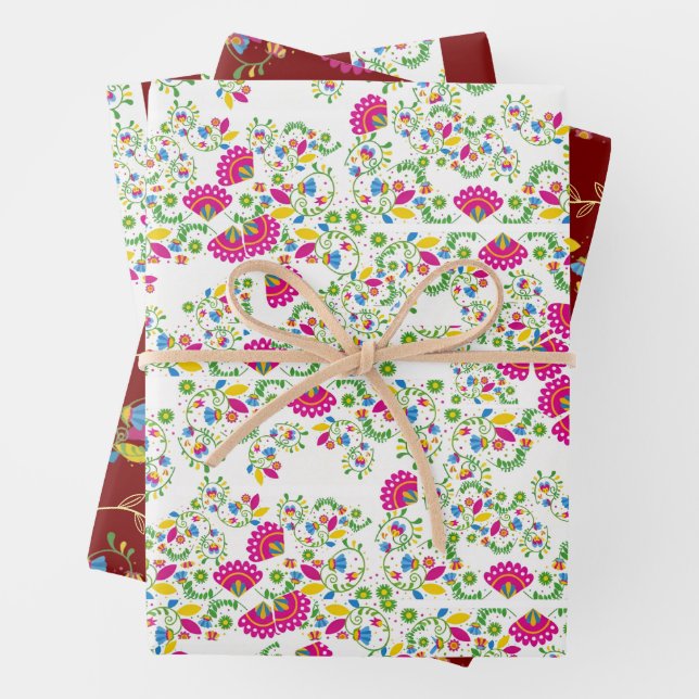 Red and white floral design wrapping paper sheet (In situ)