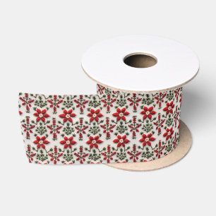 Red and White Floral Embroidery Satin Ribbon