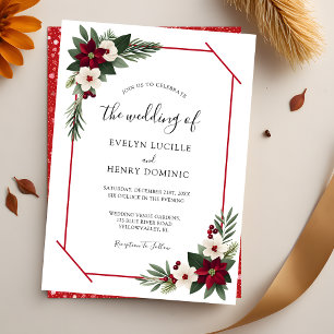 Red and White Floral Greenery Geometric Wedding Invitation
