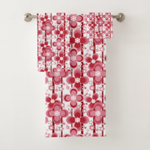 Red and white floral pattern bath towel set