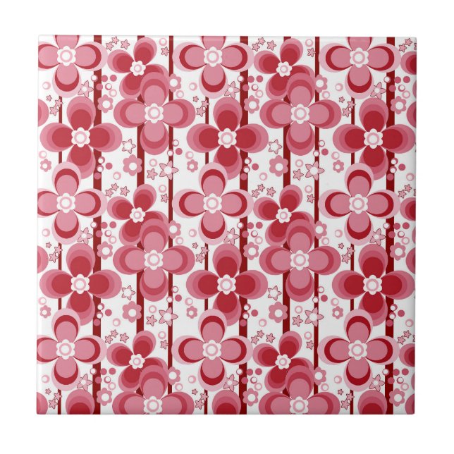 Red and white floral pattern ceramic tile (Front)