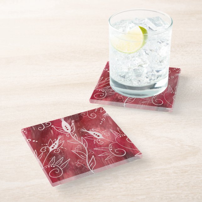 Red And White Floral Pattern Glass Coaster (Angled)