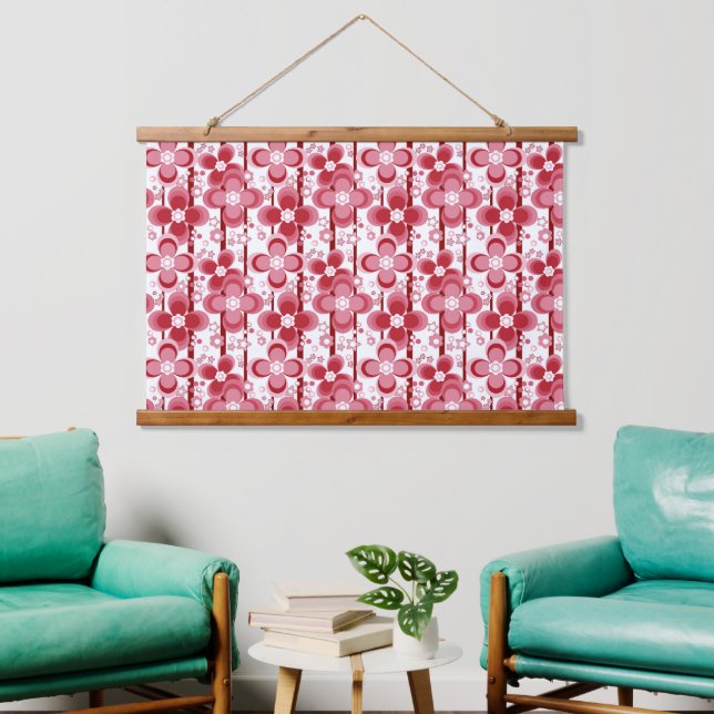 Red and white floral pattern hanging tapestry (Living Room)