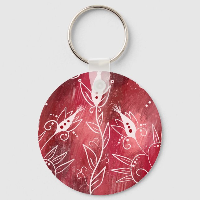 Red And White Floral Pattern Key Ring (Front)