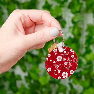Red and White Floral Pattern Key Ring