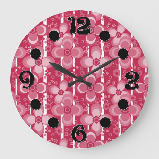 Red and white floral pattern large clock (Front)
