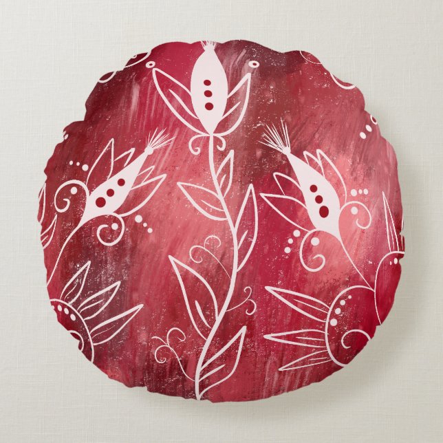 Red And White Floral Pattern Round Cushion (Front)