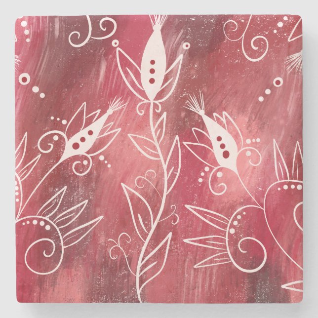 Red And White Floral Pattern Stone Coaster (Front)