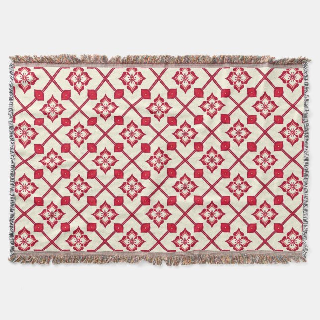 Red and White Floral Pattern Throw Blanket (Front)