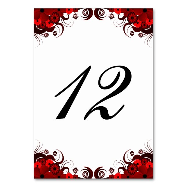 Red and White Floral Reception Table Number Card (Front)