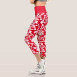 Red And White Floral Repeating Pattern Capri Leggings