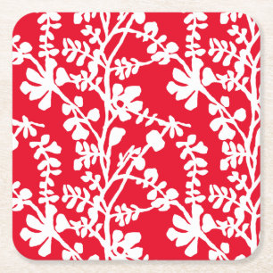 Red And White Floral Repeating Pattern Square Paper Coaster