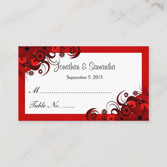 Red and White Floral Wedding Table Place Cards (Front)
