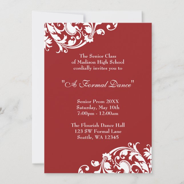 Red and White Flourish Prom Formal Invitation (Front)