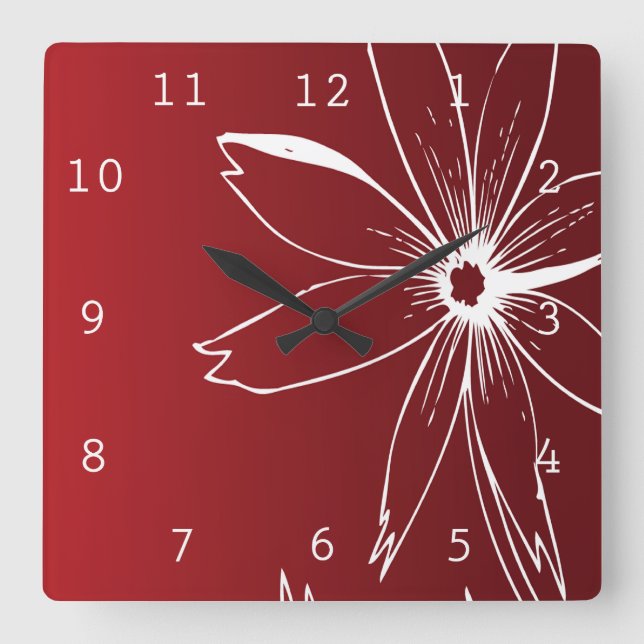 Red and White Flower Square Wall Clock (Front)