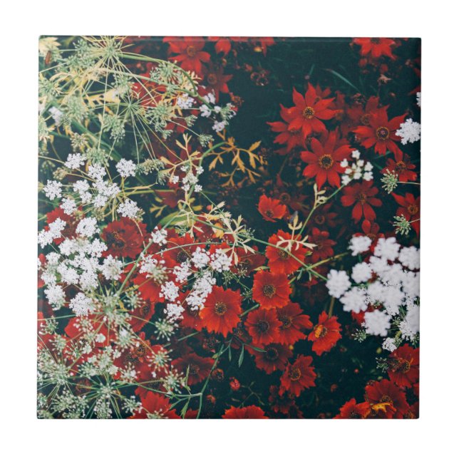 Red and white flowers ceramic tile (Front)