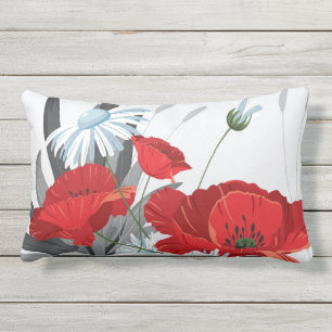 Red and White Flowers Daisies and Poppies Lumbar Cushion