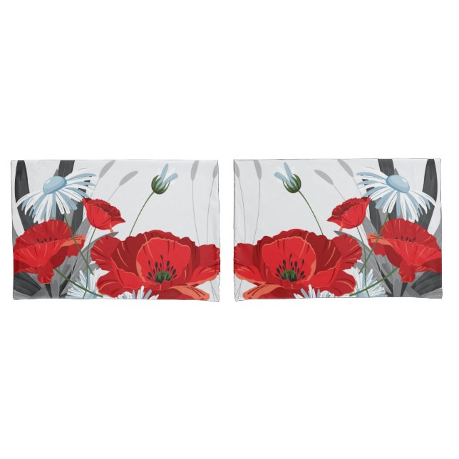 Red and White Flowers Daisies and Poppies Pillowcase (Front-Set)