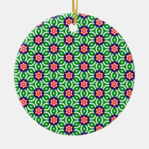 Red and White flowers with green Leaves Pattern Ceramic Ornament