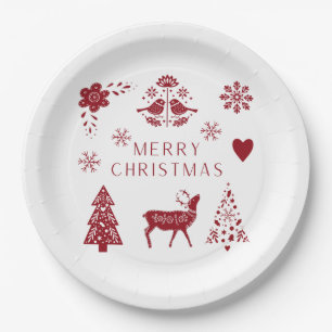 Red and White Folk Wrapping Paper Plate