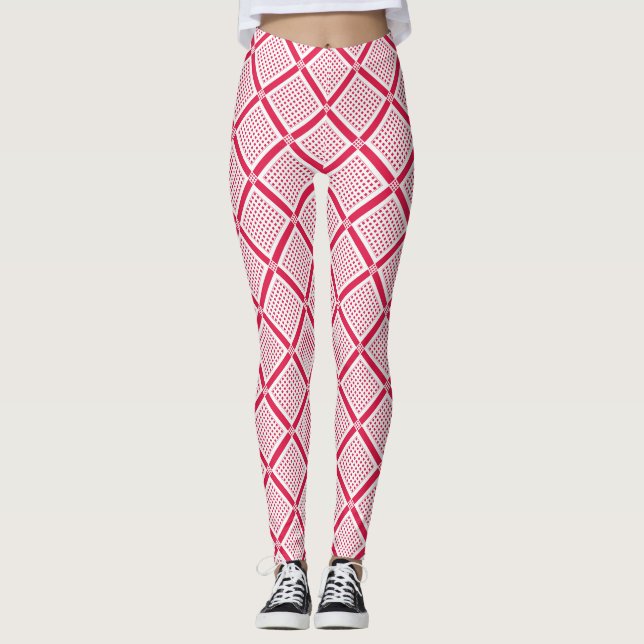Red and white geometric checkered pattern retro    leggings (Front)