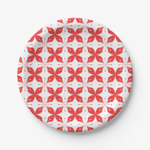 Red and white geometric pattern featuring stylized paper plate