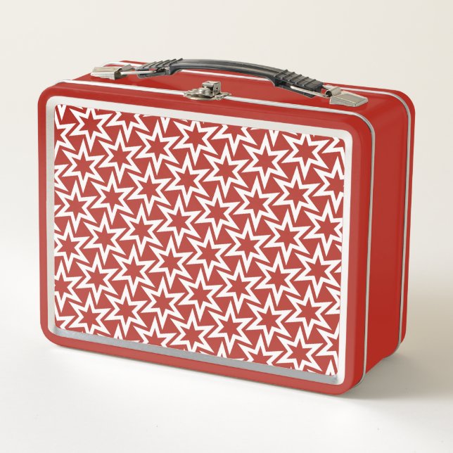 Red And White Geometric Star Pattern Metal Lunch Box (Front)