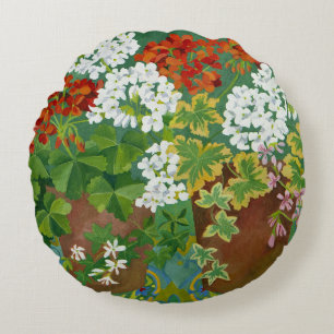 Red and white geraniums in pots 2013 round cushion
