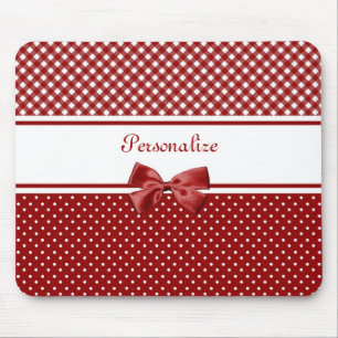 Red and White Gingham and Polka Dots With Name Mouse Pad
