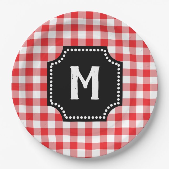 Red And White Gingham Buffalo Check Black Monogram Paper Plate (Front)