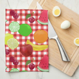 Red and White Gingham Check Fruits Pattern Tea Towel