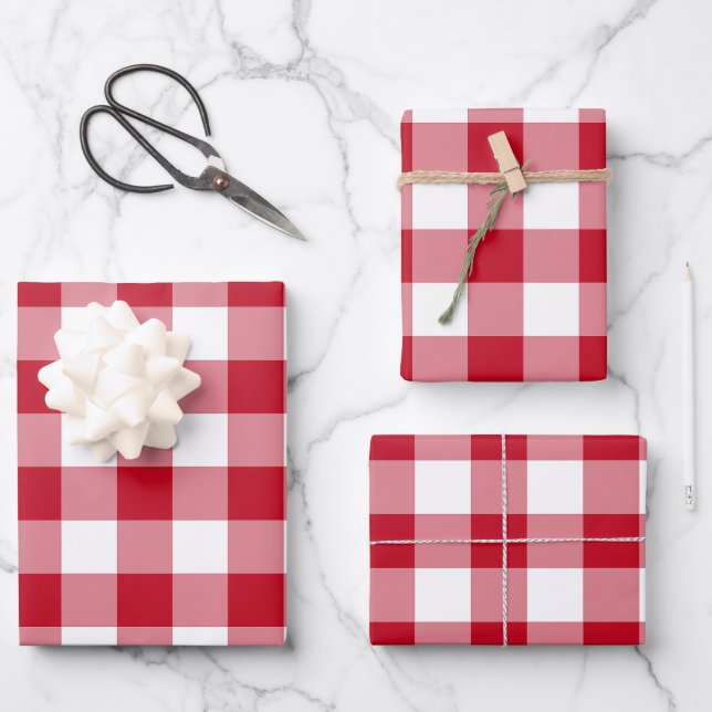 Red and White Gingham Check Plaid Wrapping Paper Sheet (Front)
