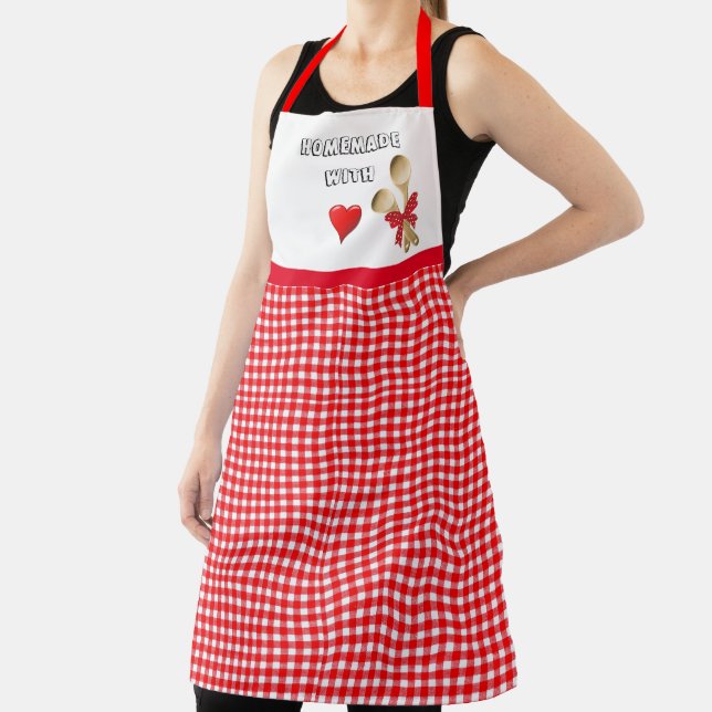 Red and White Gingham Checked All Over Print Apron (Insitu)