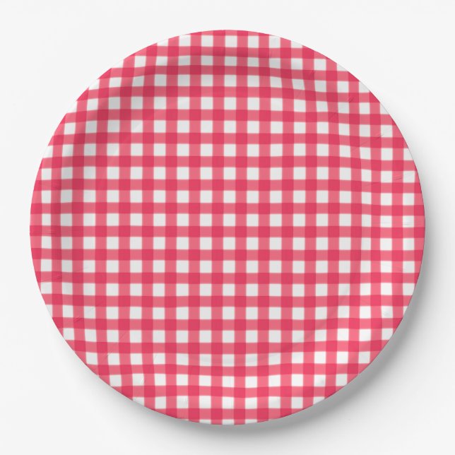 Red and White Gingham Chequerboard Paper Plate (Front)