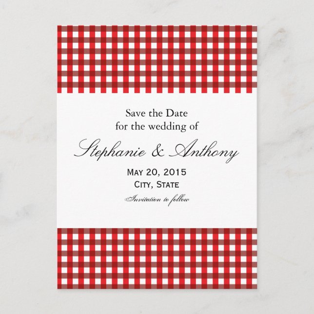 Red and White Gingham Pattern Barbeque Announcement Postcard (Front)