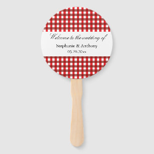 Red and White Gingham Pattern Barbeque hand fan
