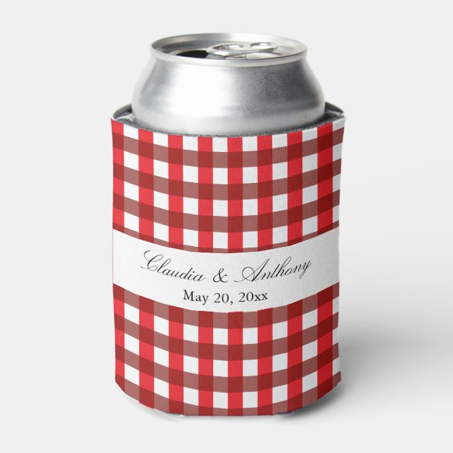 Red and White Gingham Pattern Barbeque Wedding Can Cooler (Can Front)