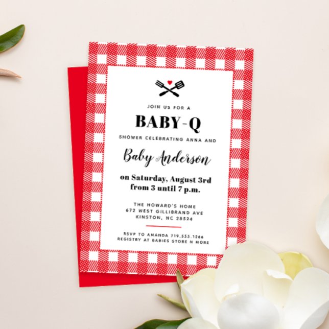 Red and White Gingham Plaid BBQ Baby Shower Invitation (Creator Uploaded)
