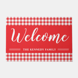 Red And White Gingham Plaid Farmhouse Welcome Doormat