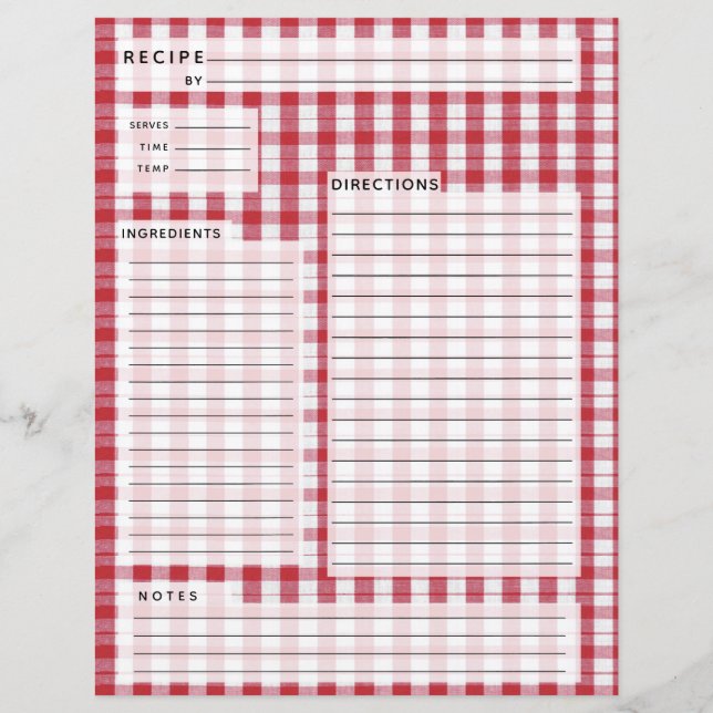 Red and White Gingham Recipe Insert (Back)