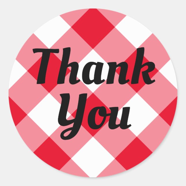 Red and White Gingham Thank You Classic Round Sticker (Front)