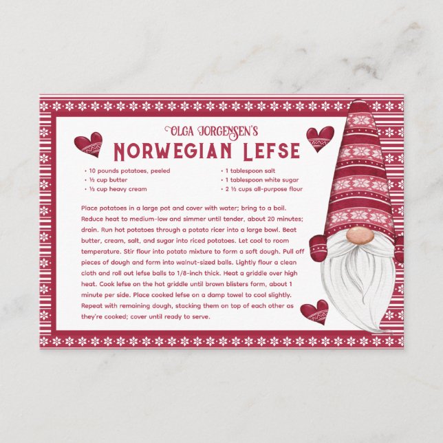 Red and White Gnome Lefse Recipe Card (Front)