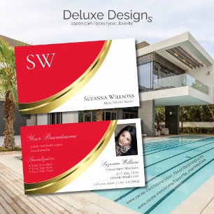 Red and White Gold Decor with Monogram and Photo Business Card